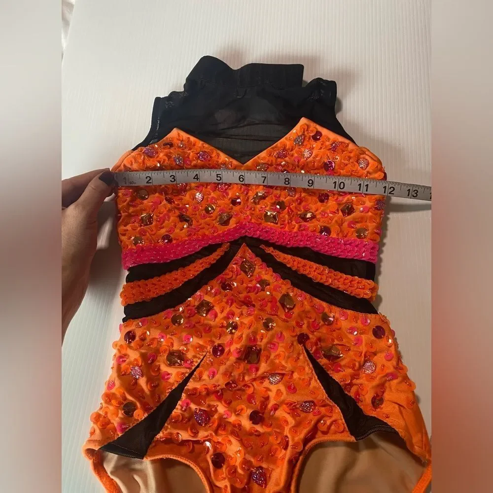 Glamour solo dance costume orange black illusion rhinestoned LC-large child